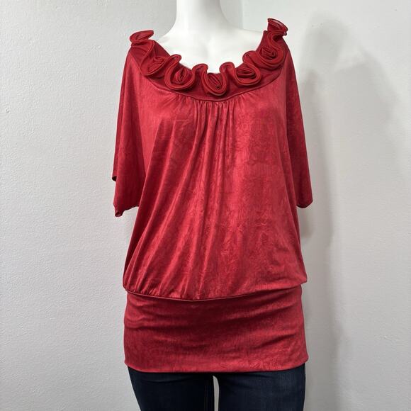 Amywear Red Rosette Neck Ruffle Texture Retro Y2K Statement Top Tunic Size Large - Picture 1 of 10